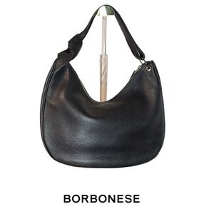 BORBONESE Black Italian Leather Hobo Bag with signature knot strap